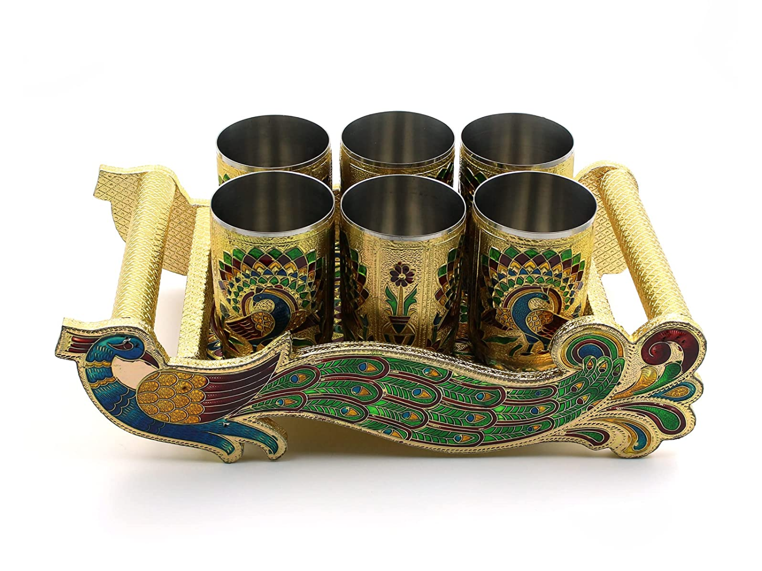 Meenakari Peacock Design Serving Tray Set with 6 Glasses #03