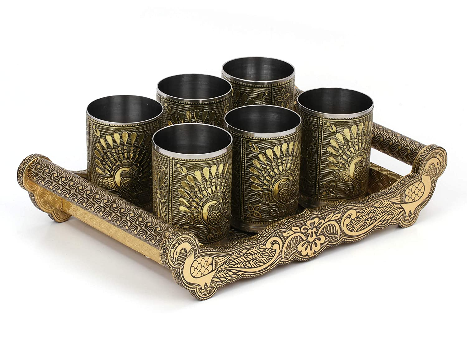 Golden Peacock Design Serving Tray Set with 6 Glasses #06