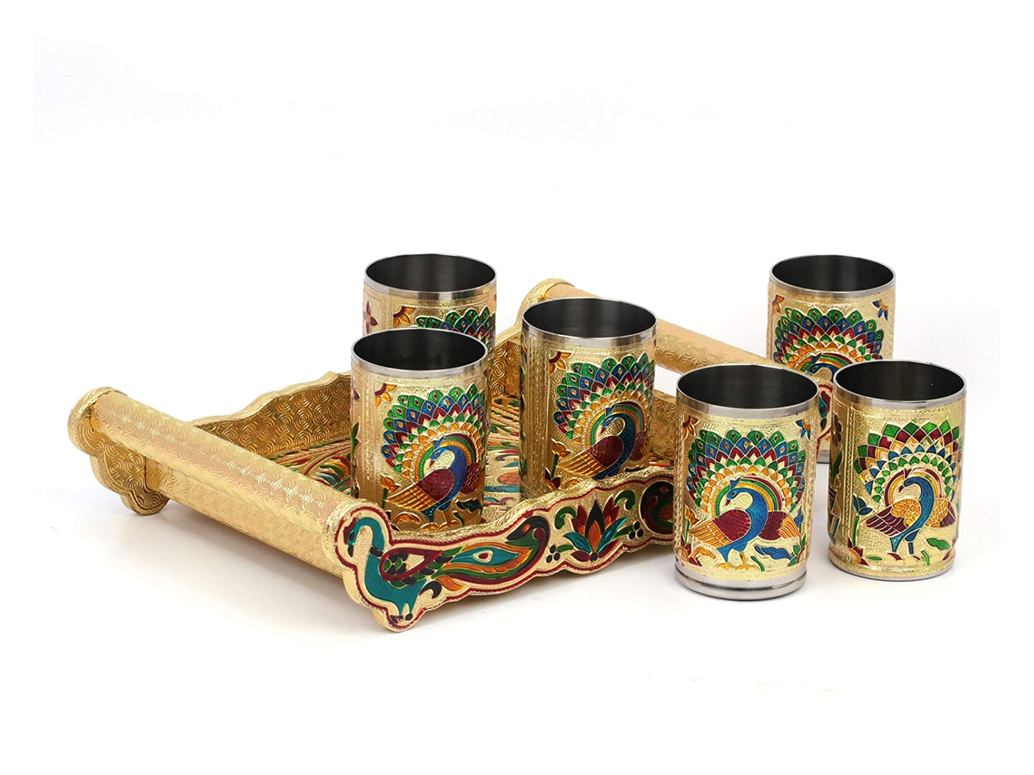 Meenakari Peacock Design Serving Tray Set with 6 Glasses #02