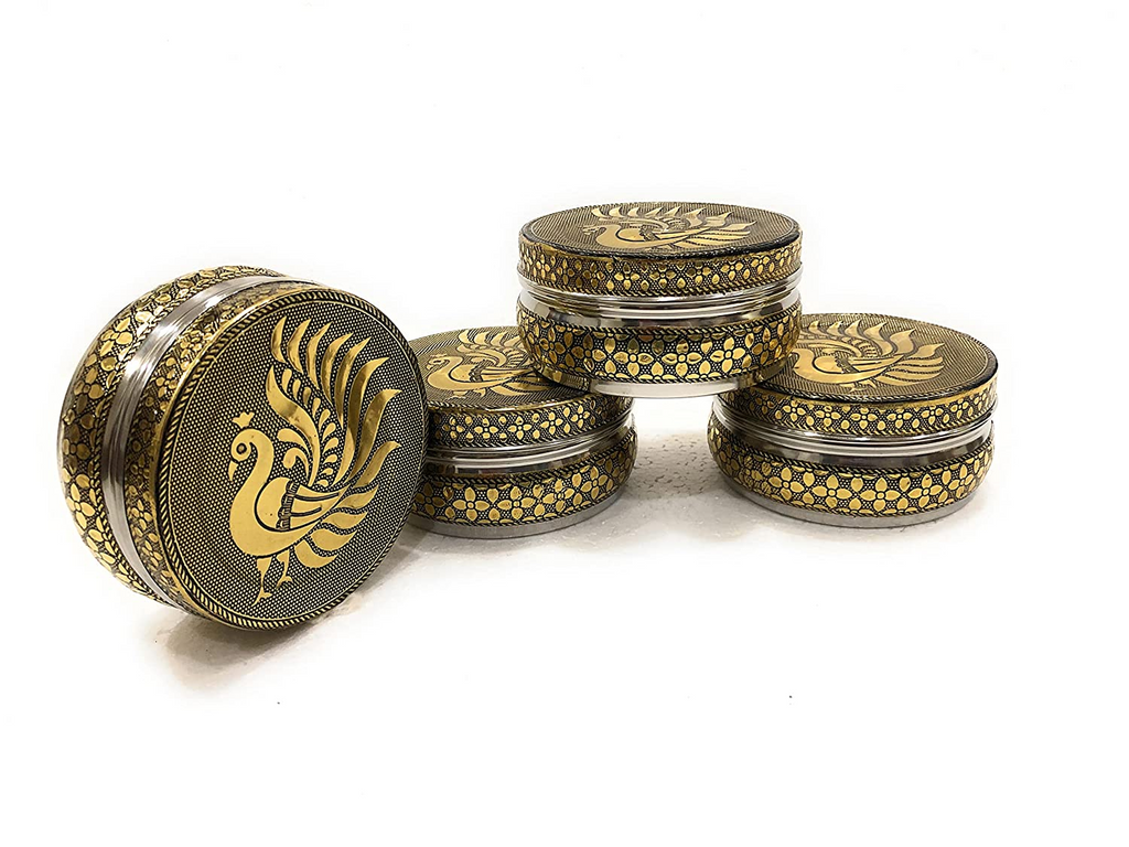 Stainless Steel Container Meenakari Storage Box/Chapati/Roti Box Peacock Design