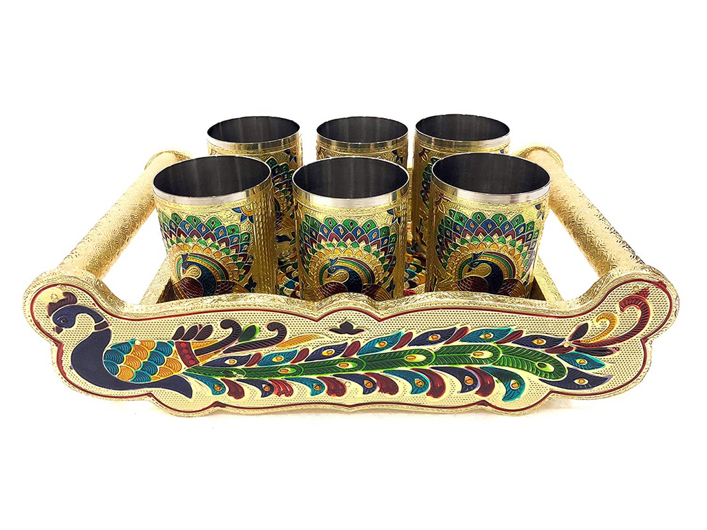Meenakari Peacock Design Serving Tray Set with 6 Glasses #05