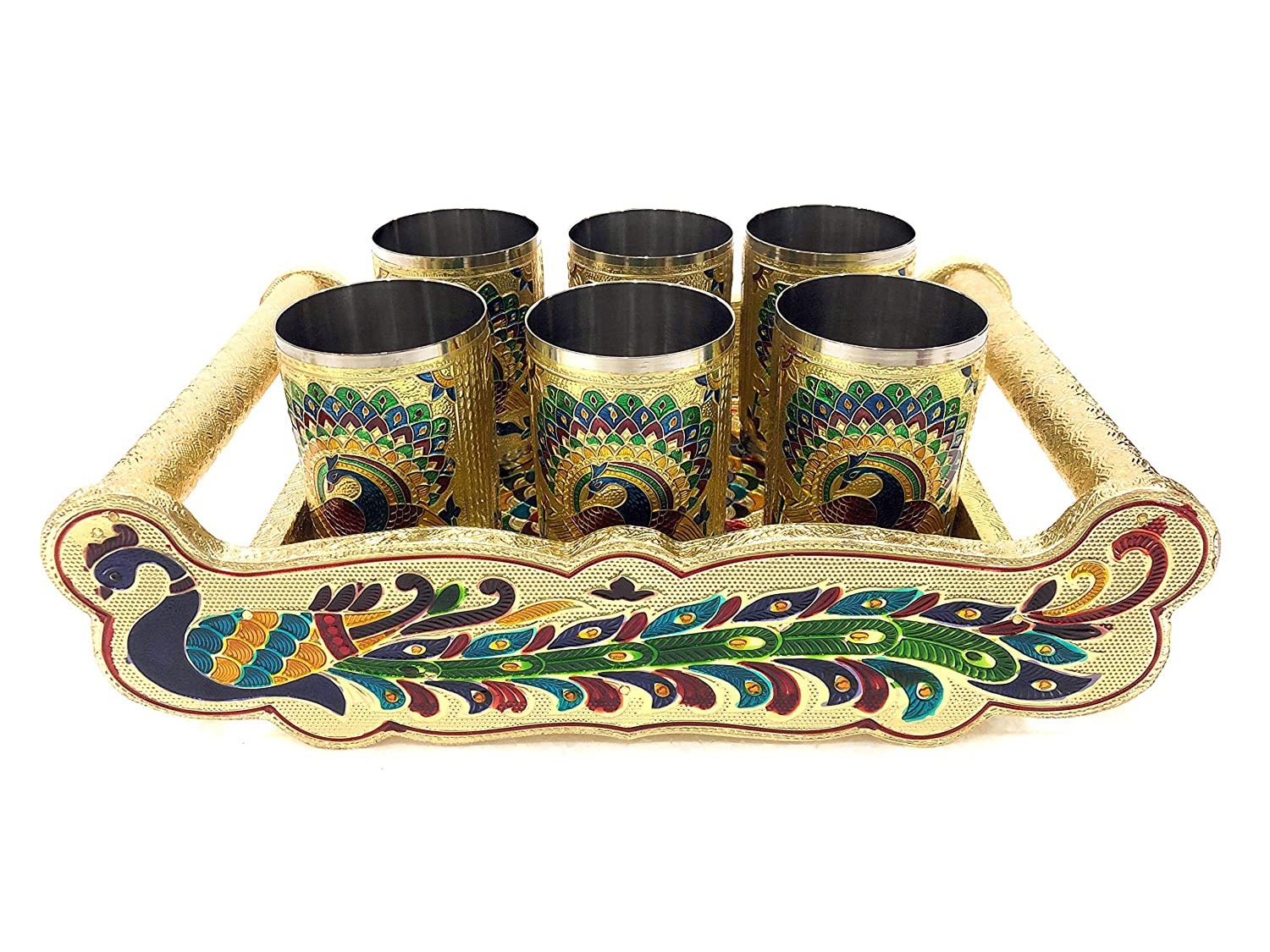 Meenakari Peacock Design Serving Tray Set with 6 Glasses #05