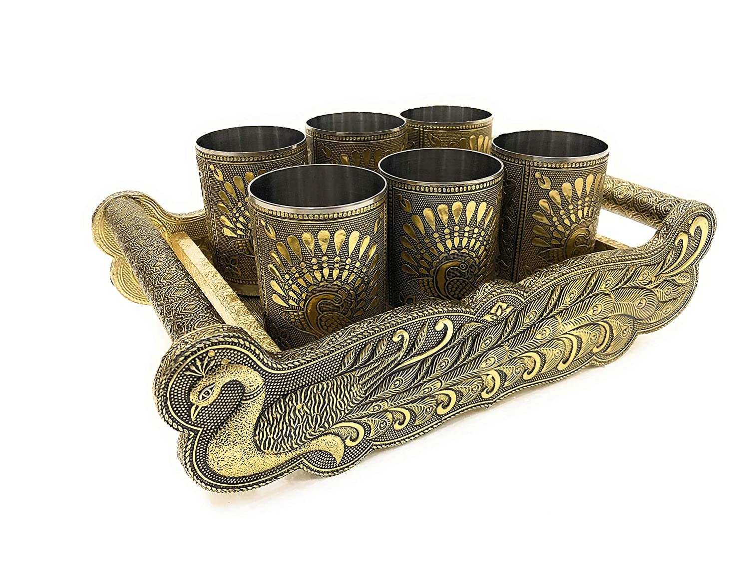 Golden Peacock Design Serving Tray Set with 6 Glasses #07