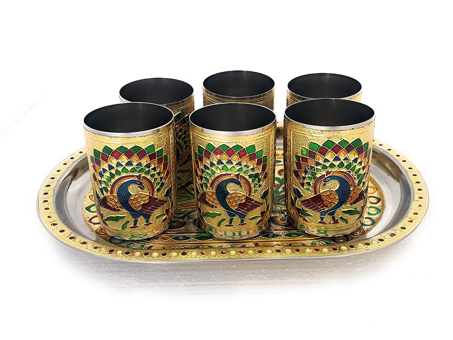 Meenakari Peacock Design Serving Tray Set with 6 Glasses #04