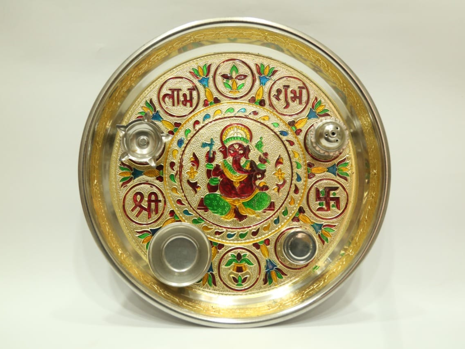 Meenakari Stainless Steel Poojathali with accessories