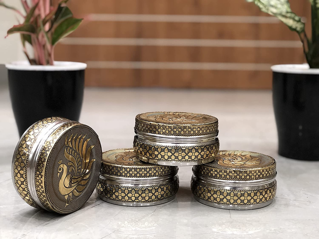 Stainless Steel Container Meenakari Storage Box/Chapati/Roti Box Peacock Design