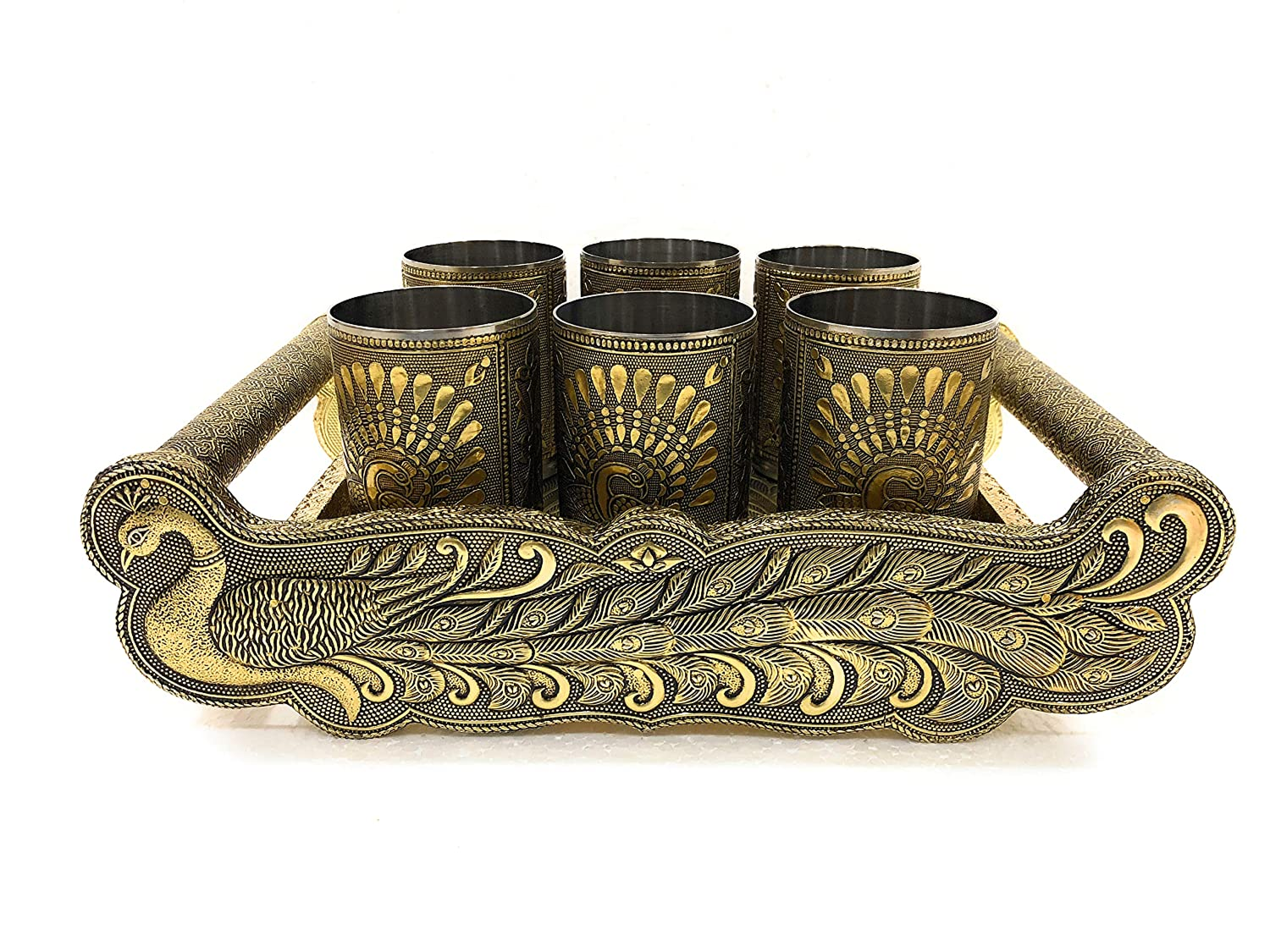 Golden Peacock Design Serving Tray Set with 6 Glasses #07
