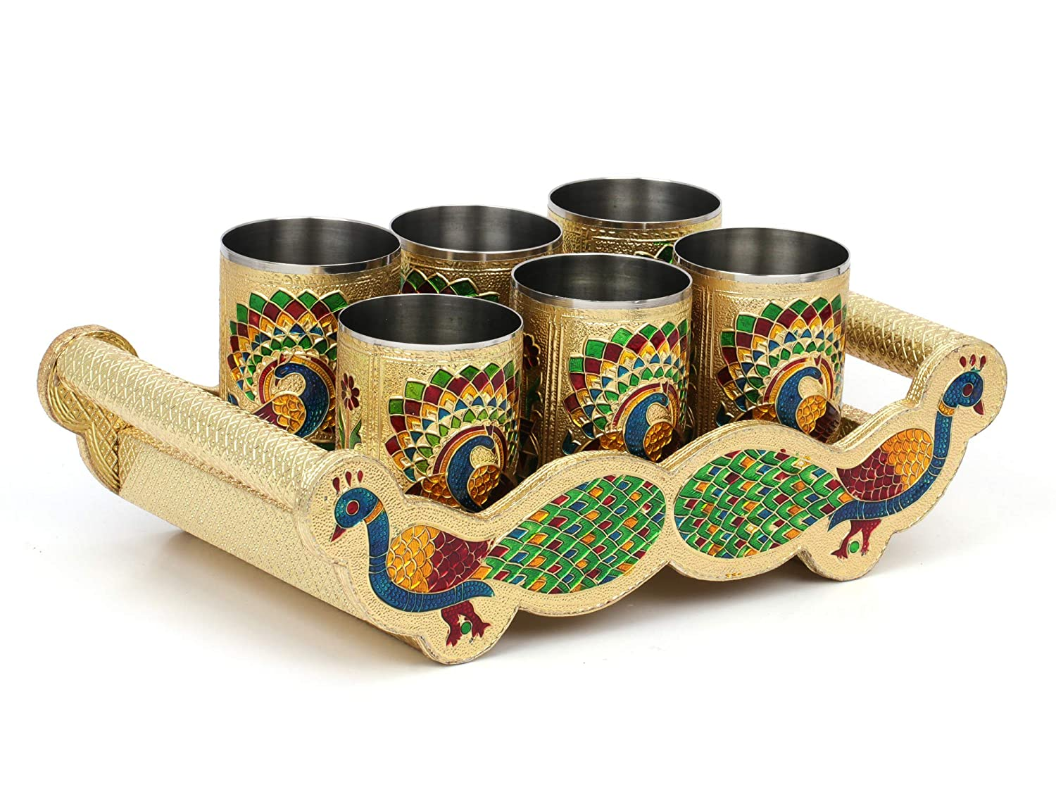 Meenakari Peacock Design Serving Tray Set with 6 Glasses #01