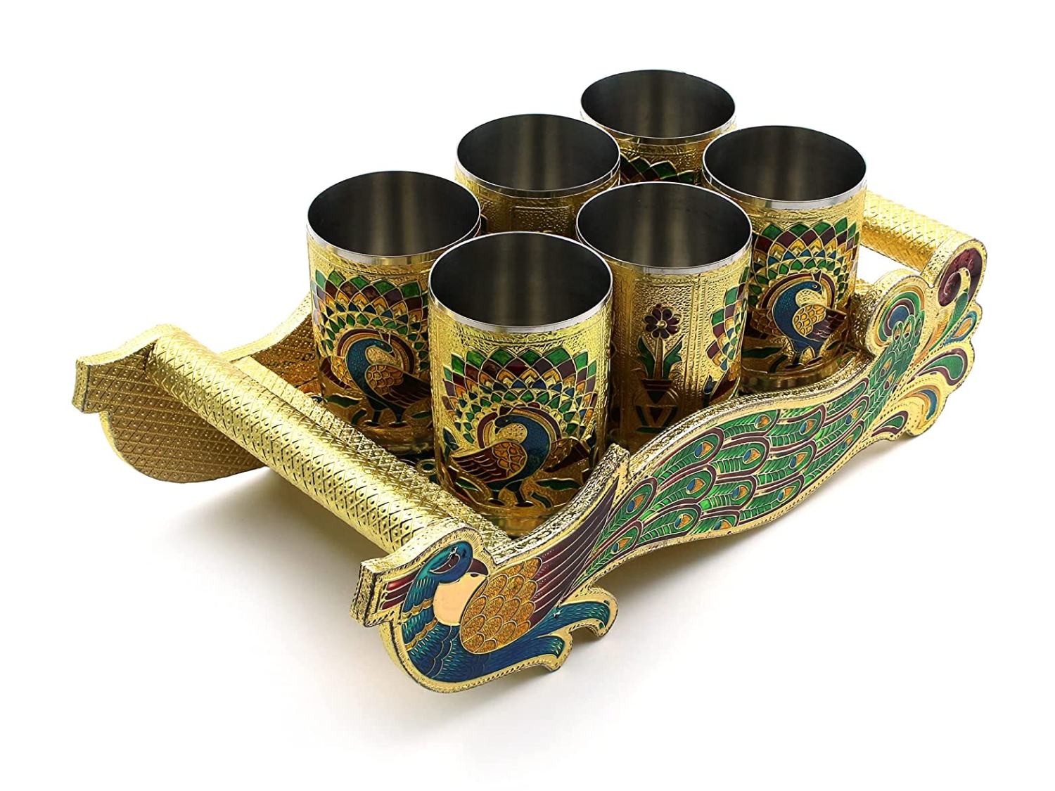 Meenakari Peacock Design Serving Tray Set with 6 Glasses #03