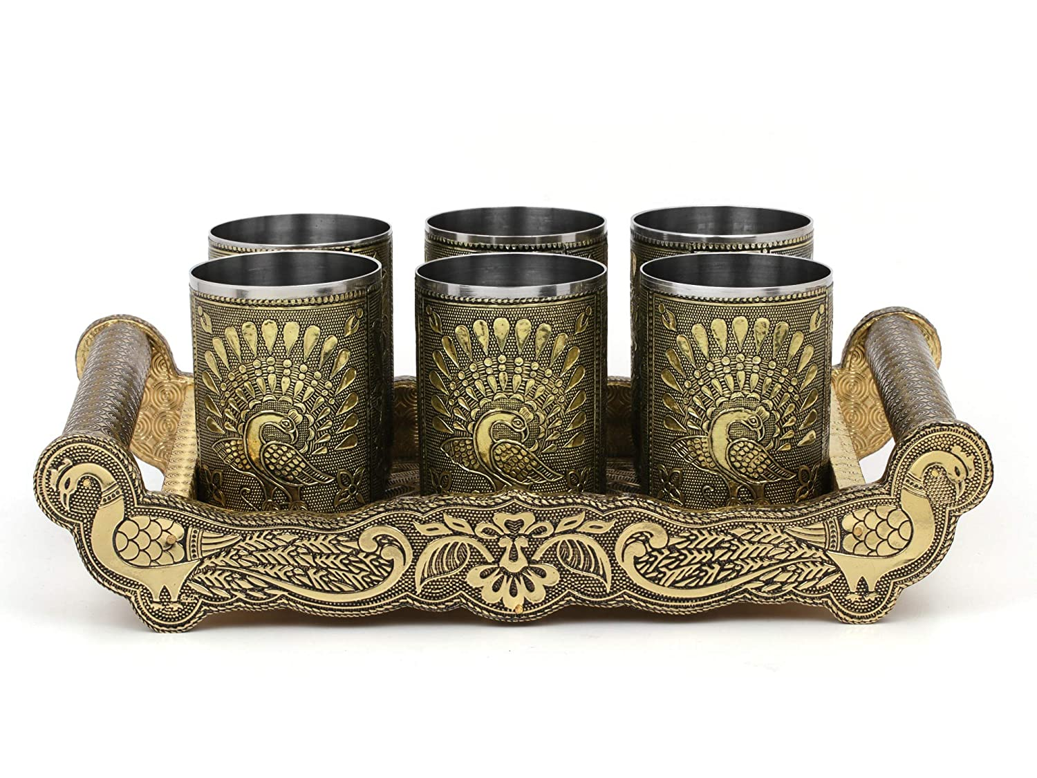 Golden Peacock Design Serving Tray Set with 6 Glasses #06