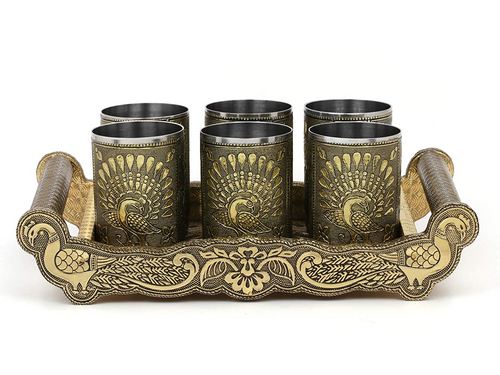 Golden Peacock Design Serving Tray Set with 6 Glasses #06