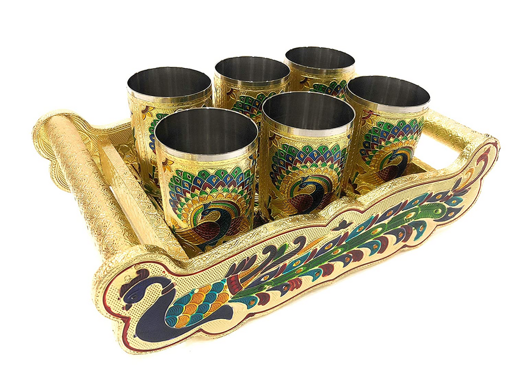 Meenakari Peacock Design Serving Tray Set with 6 Glasses #05