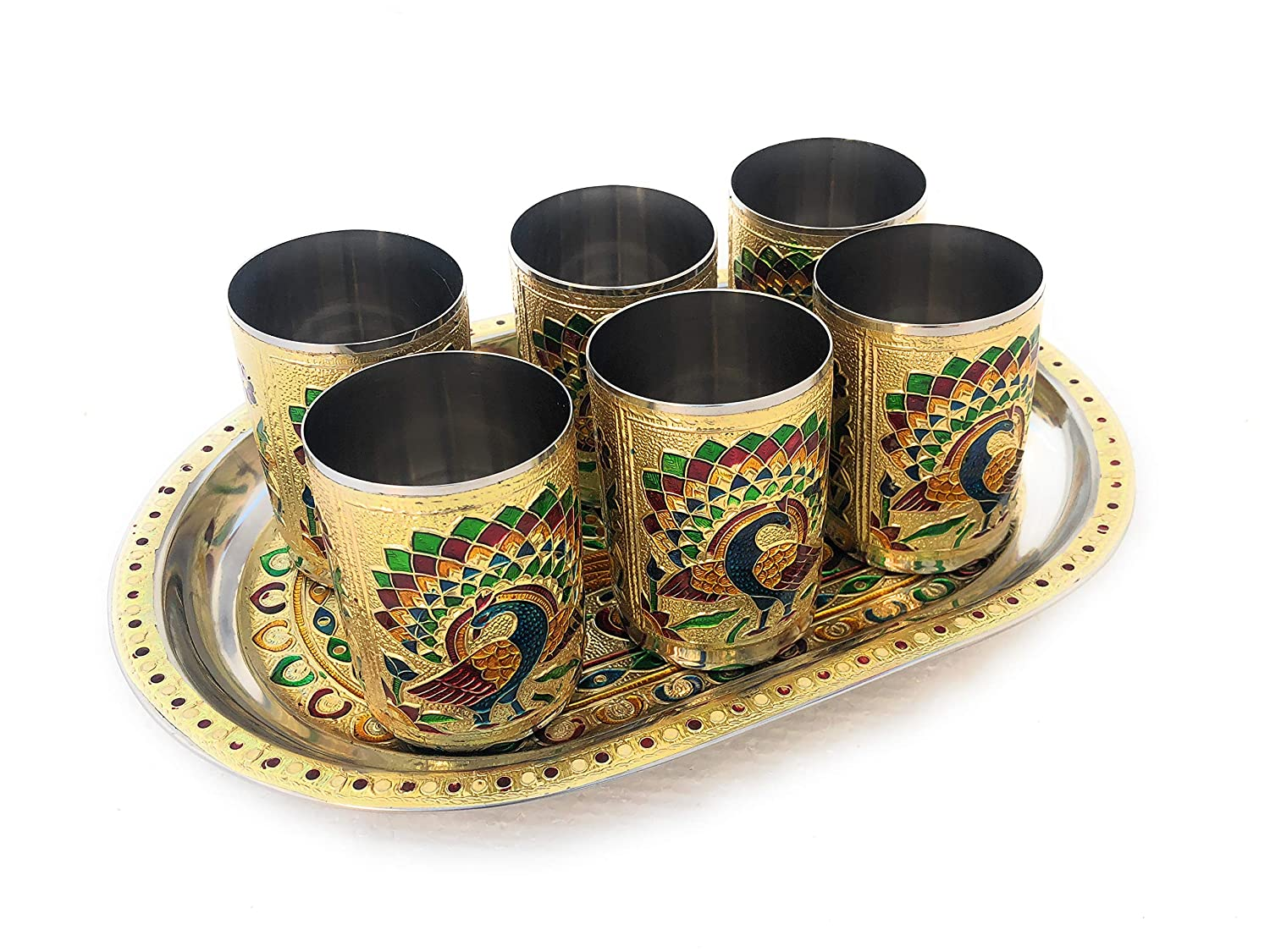 Meenakari Peacock Design Serving Tray Set with 6 Glasses #04