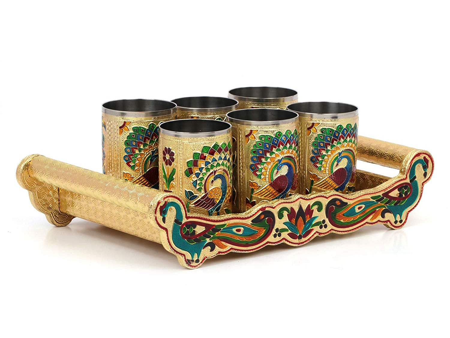 Meenakari Peacock Design Serving Tray Set with 6 Glasses #02