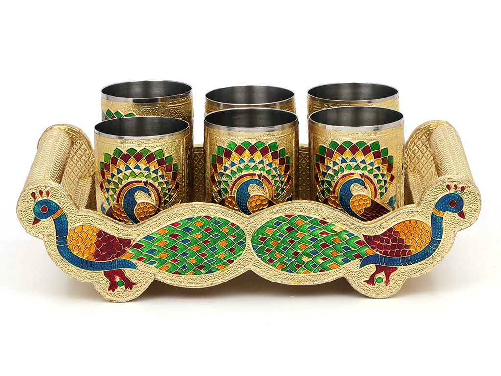 Meenakari Peacock Design Serving Tray Set with 6 Glasses #01