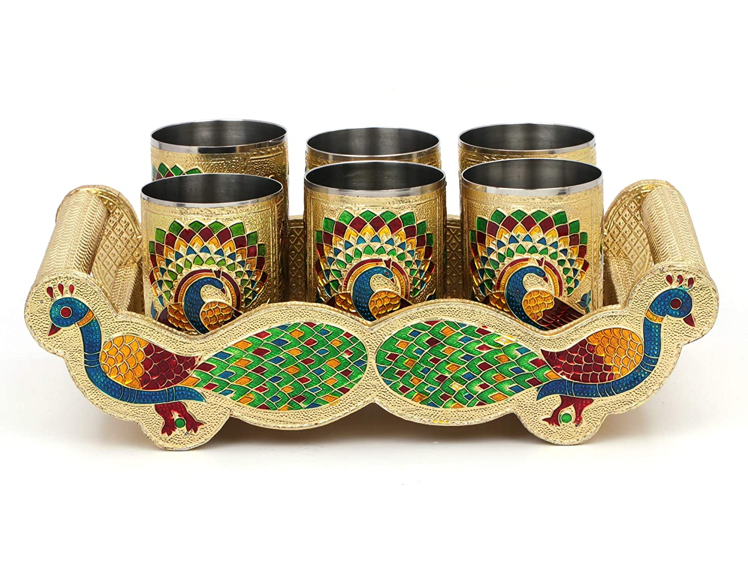 Meenakari Peacock Design Serving Tray Set with 6 Glasses #01