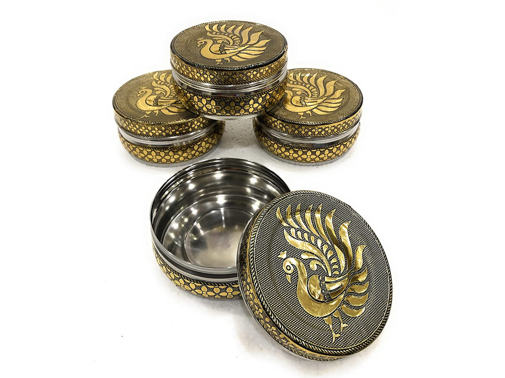 Stainless Steel Container Meenakari Storage Box/Chapati/Roti Box Peacock Design