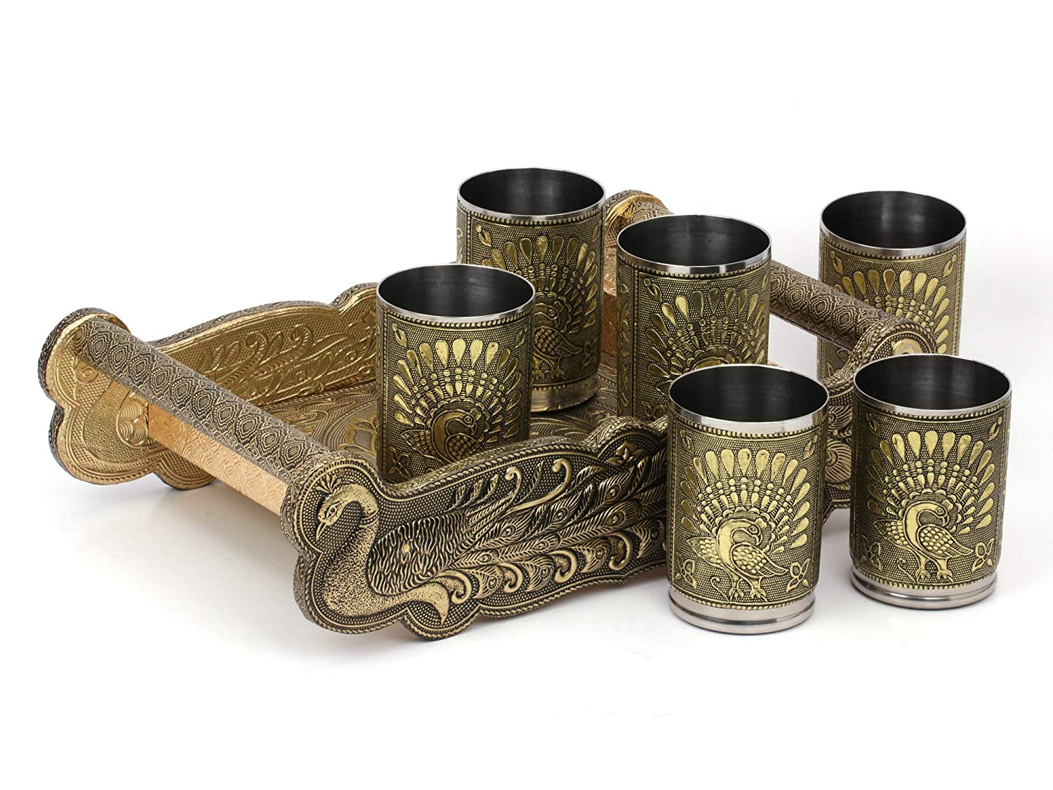 Golden Peacock Design Serving Tray Set with 6 Glasses #07