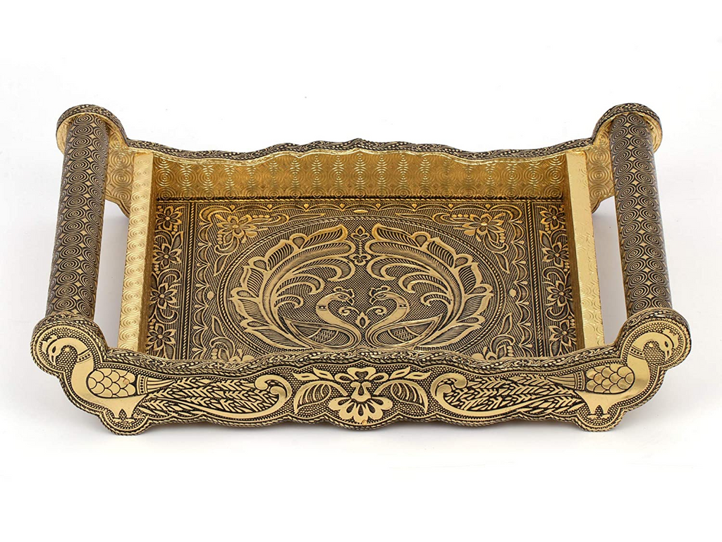 Golden Peacock Design Serving Tray Set with 6 Glasses #06
