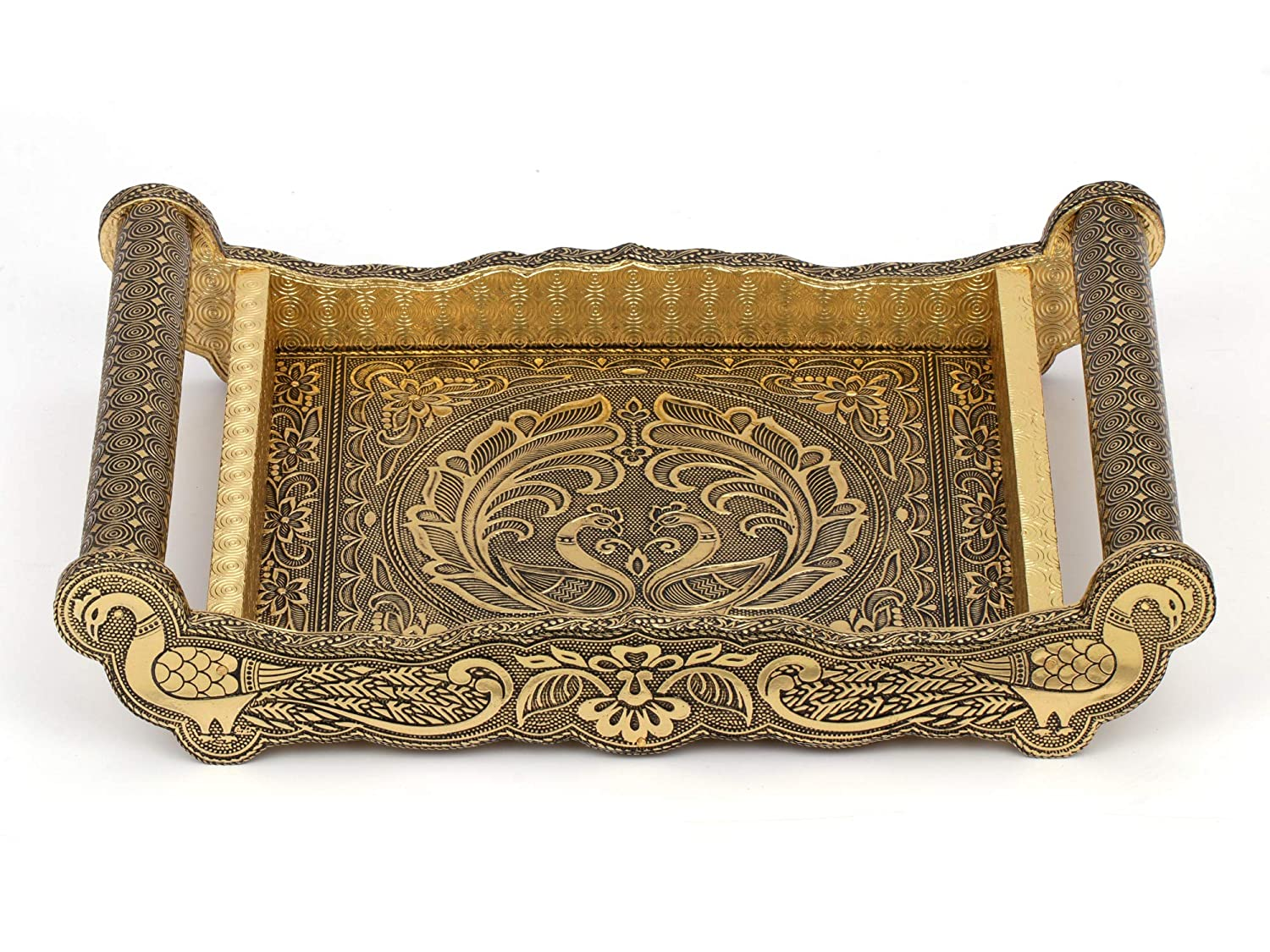 Golden Peacock Design Serving Tray Set with 6 Glasses #06