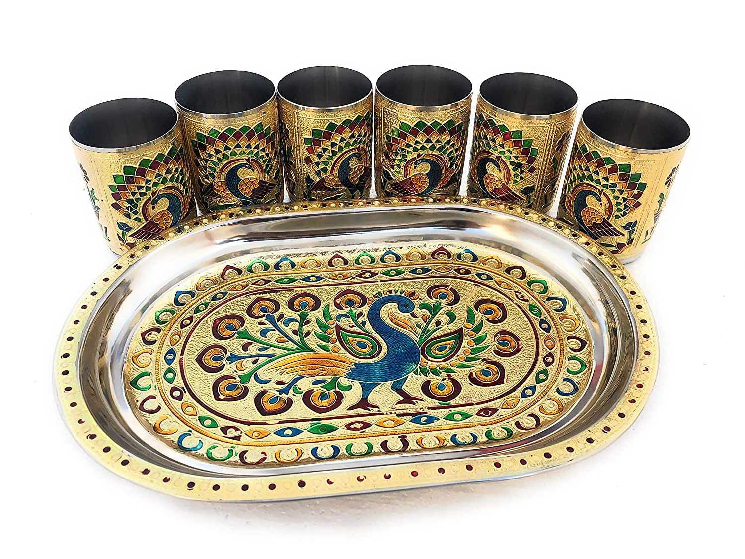 Meenakari Peacock Design Serving Tray Set with 6 Glasses #04