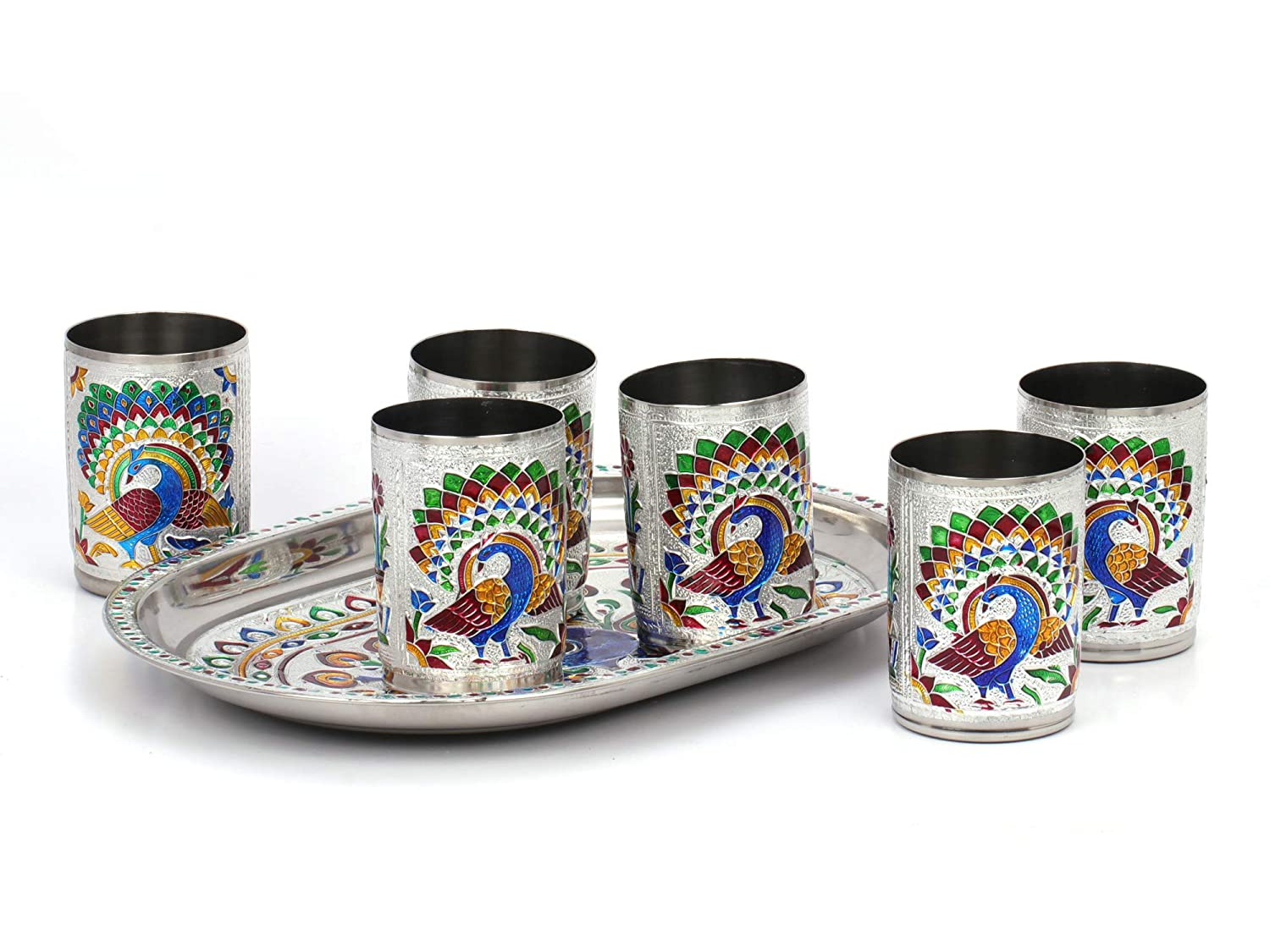 Stainless Steel Design Serving Tray Set with 6 Glasses #08