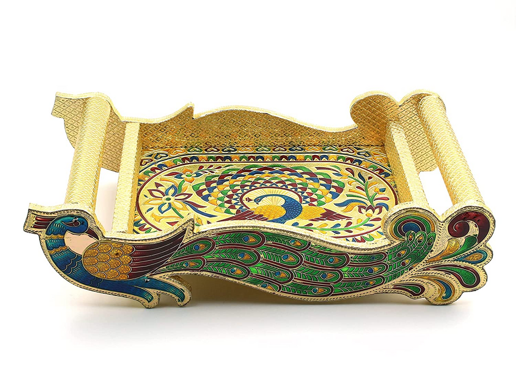 Meenakari Peacock Design Serving Tray Set with 6 Glasses #03