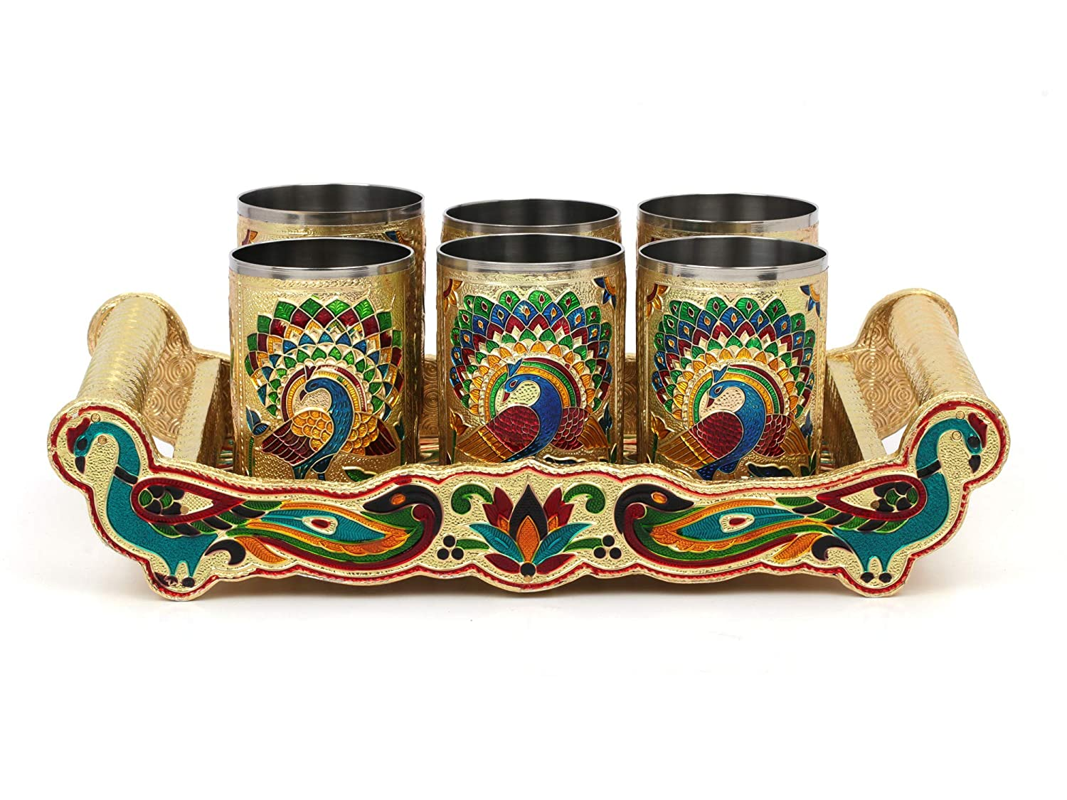 Meenakari Peacock Design Serving Tray Set with 6 Glasses #02