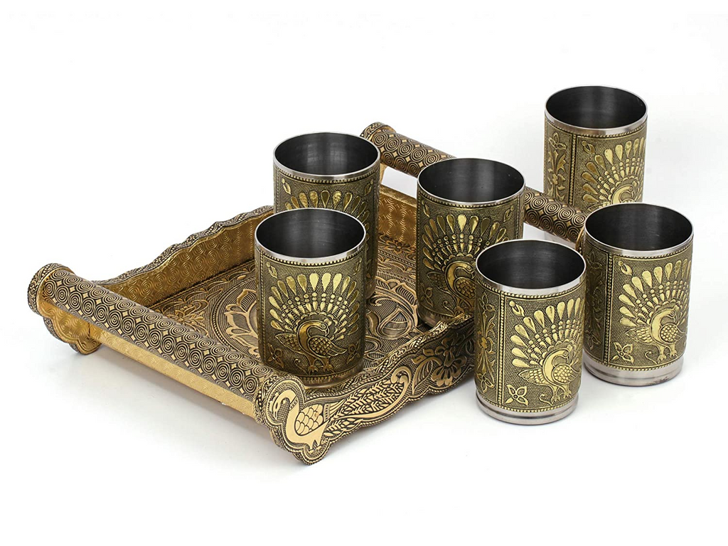 Golden Peacock Design Serving Tray Set with 6 Glasses #06