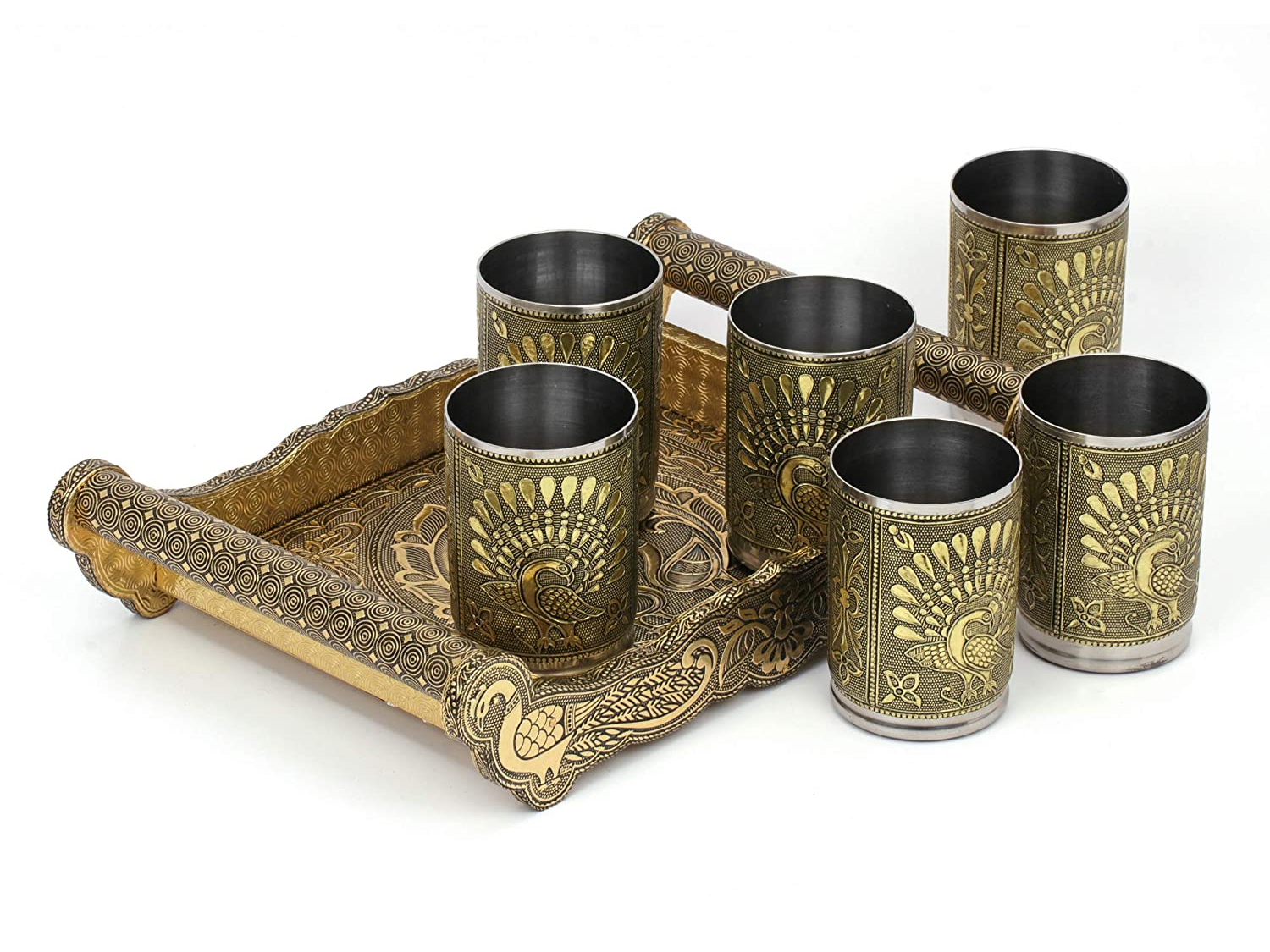 Golden Peacock Design Serving Tray Set with 6 Glasses #06