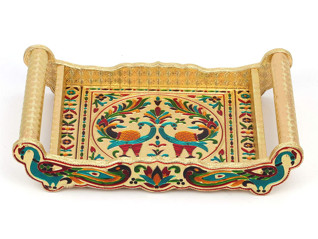 Meenakari Peacock Design Serving Tray Set with 6 Glasses #02