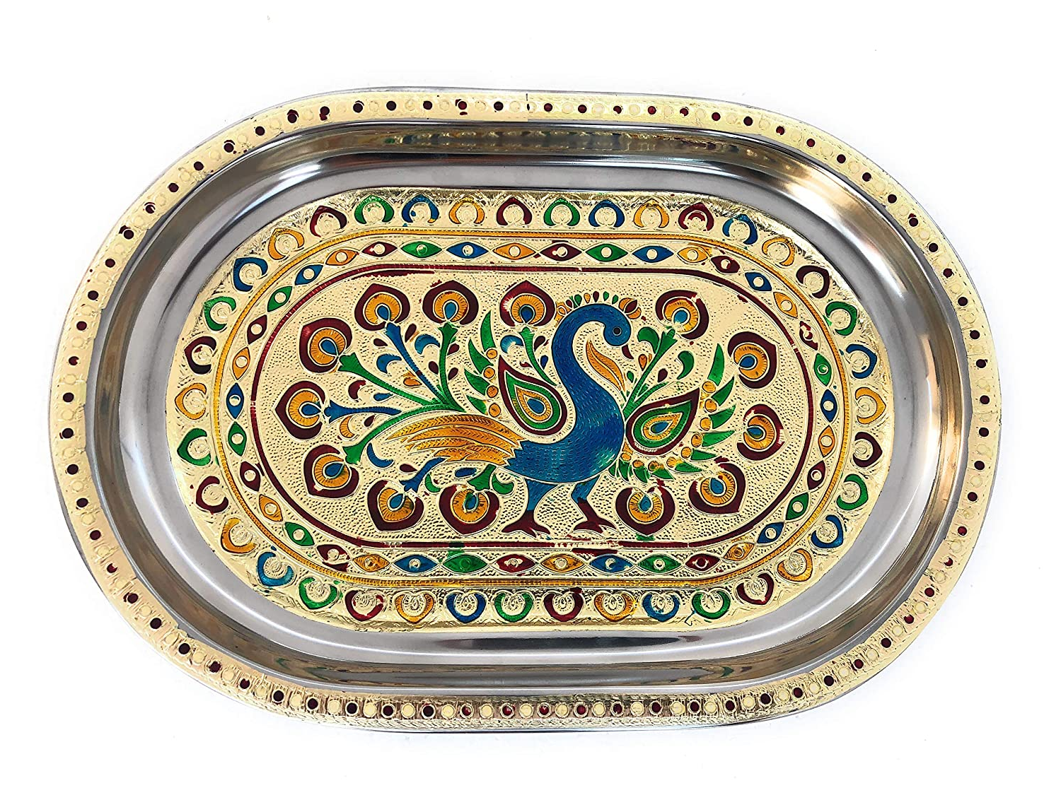 Meenakari Peacock Design Serving Tray Set with 6 Glasses #04