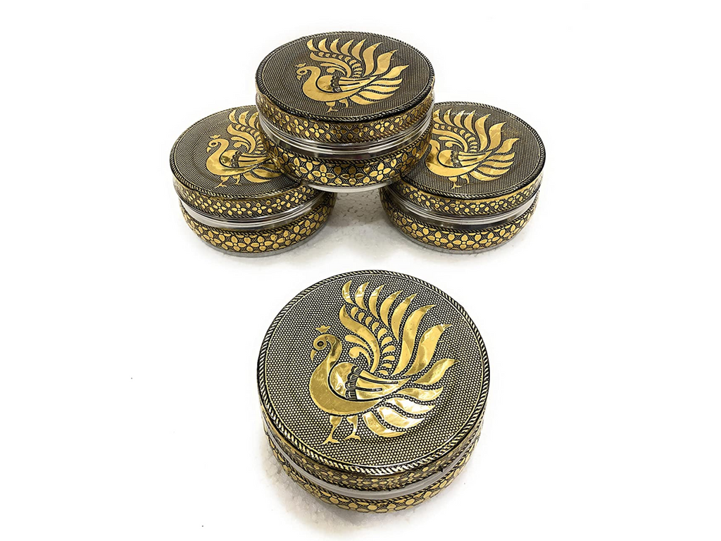 Stainless Steel Container Meenakari Storage Box/Chapati/Roti Box Peacock Design