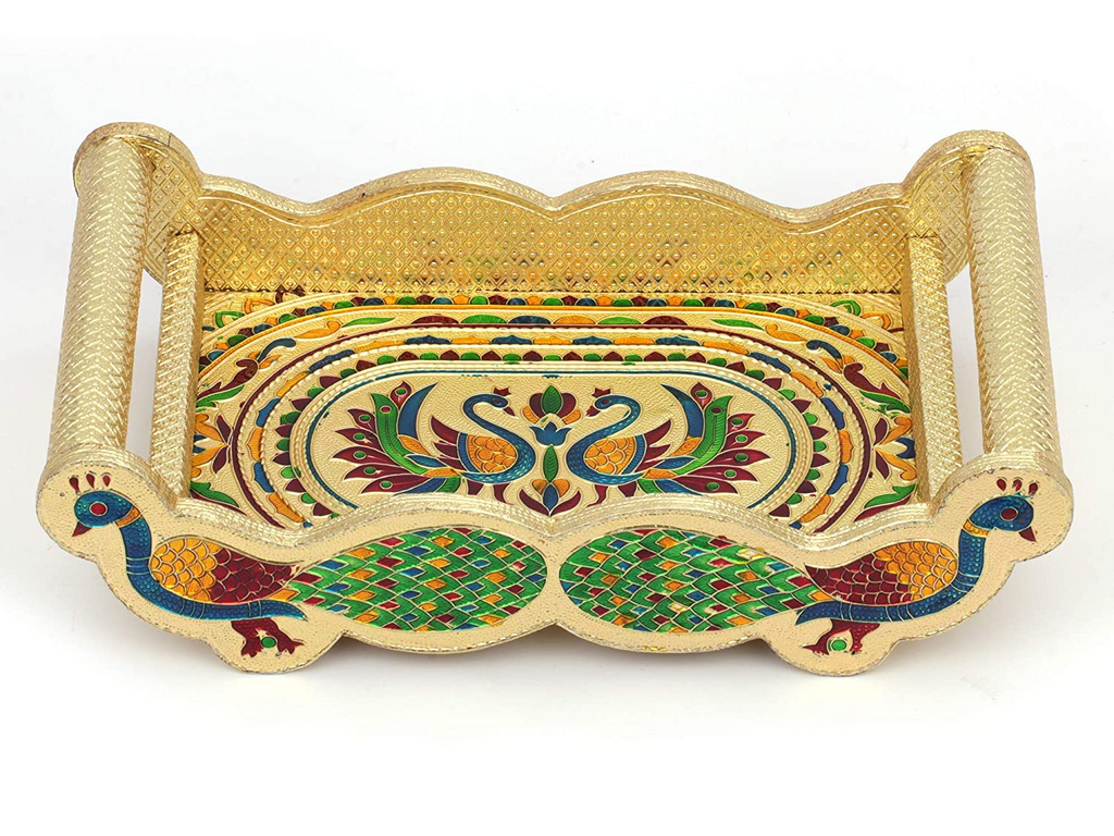 Meenakari Peacock Design Serving Tray Set with 6 Glasses #01