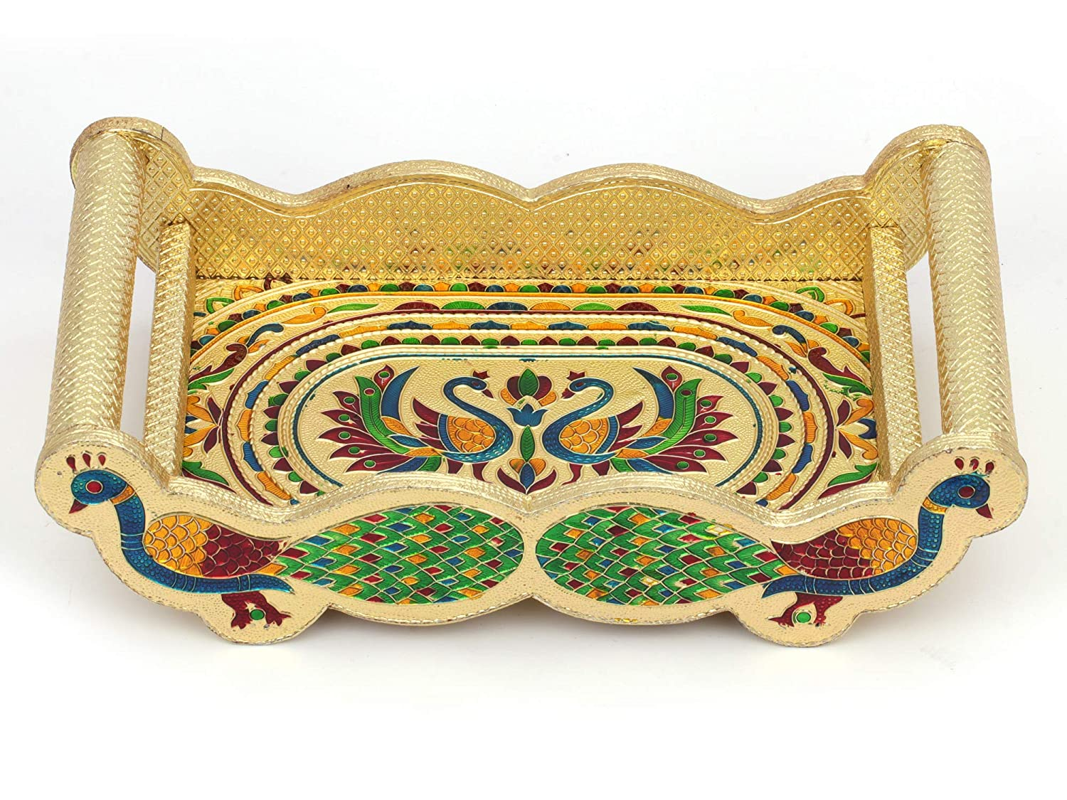 Meenakari Peacock Design Serving Tray Set with 6 Glasses #01