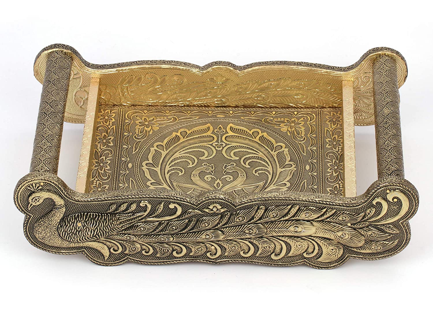 Golden Peacock Design Serving Tray Set with 6 Glasses #07