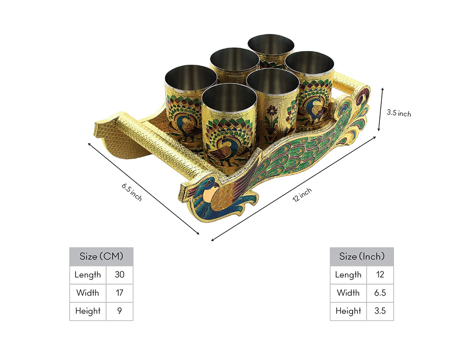 Meenakari Peacock Design Serving Tray Set with 6 Glasses #03