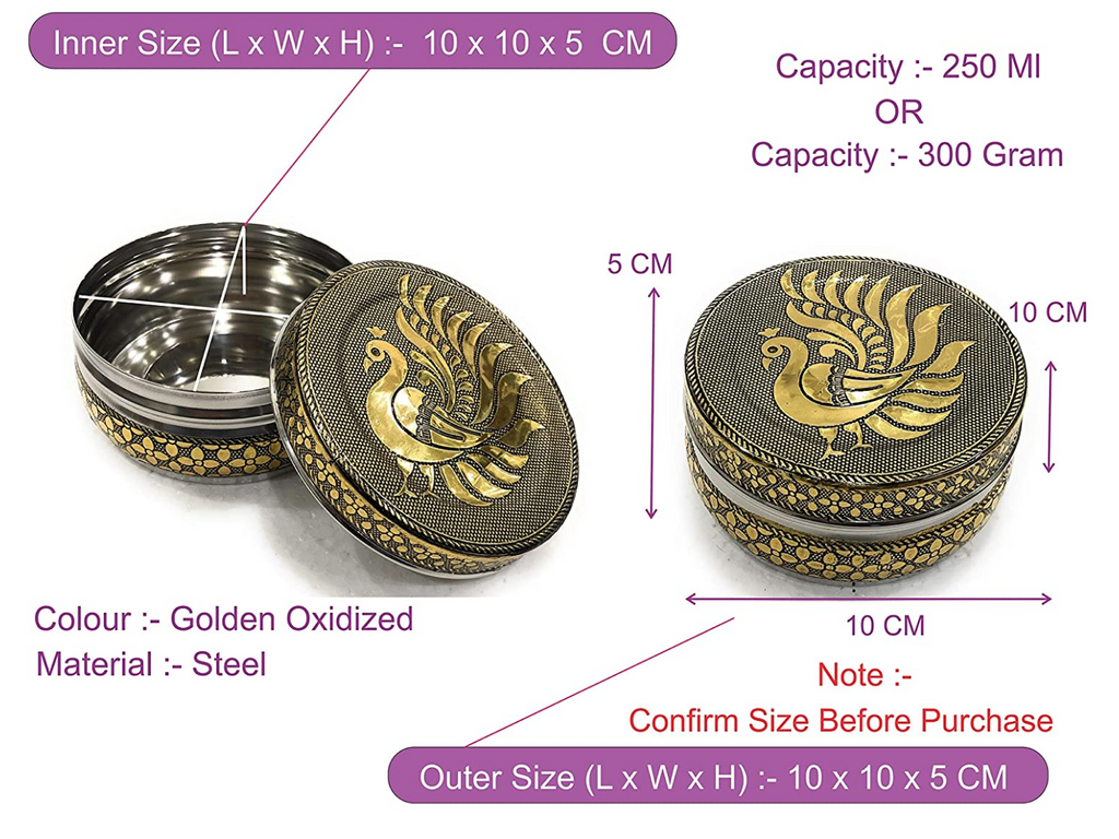 Stainless Steel Container Meenakari Storage Box/Chapati/Roti Box Peacock Design