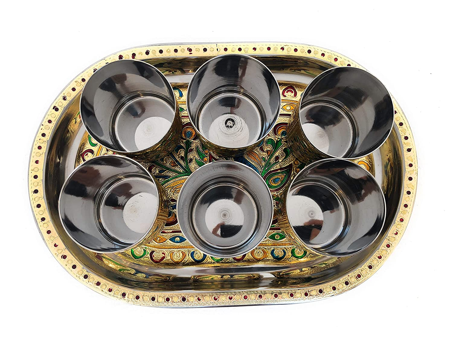 Meenakari Peacock Design Serving Tray Set with 6 Glasses #04