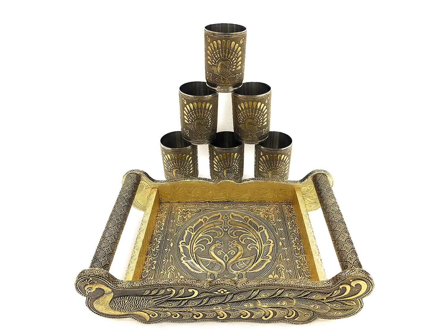 Golden Peacock Design Serving Tray Set with 6 Glasses #07